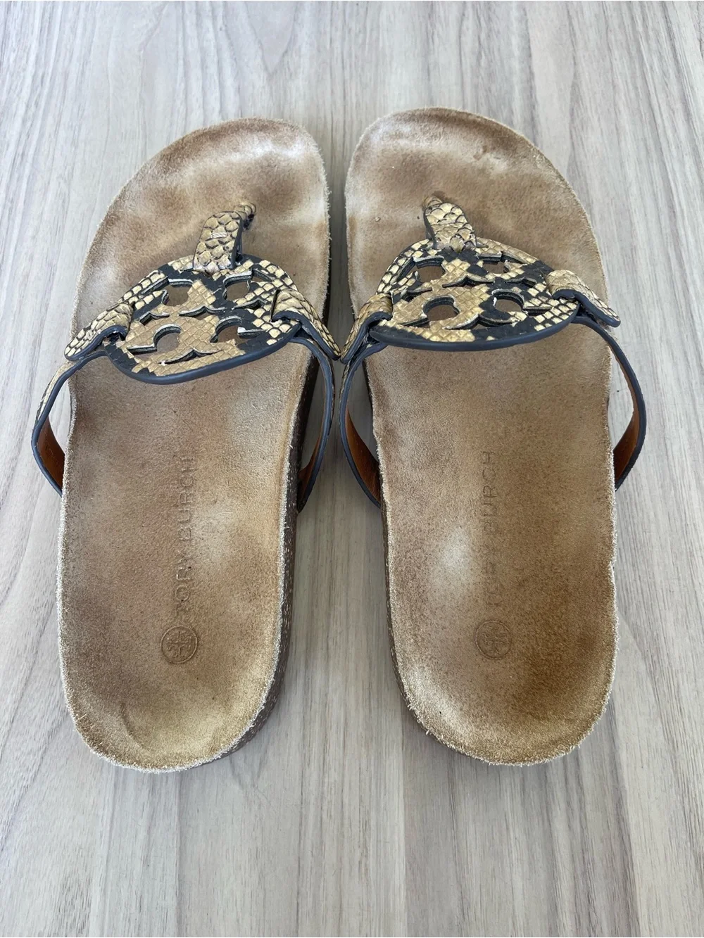 Tory Burch Brown and Black Snakeskin Logo Thong Sandals